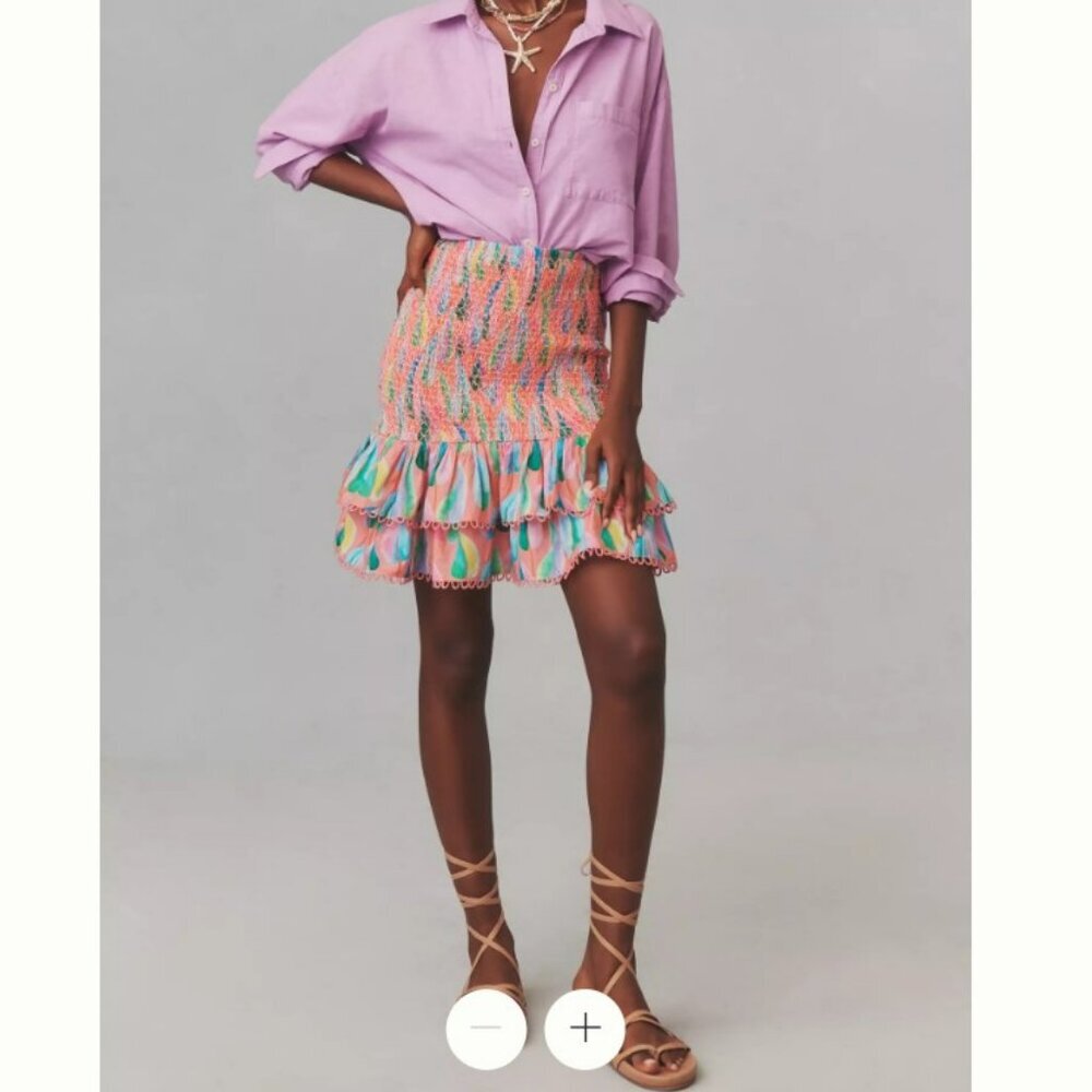 FARM Rio by Anthropologie Colorful Patterned Smocked Printed Mini Skirt Size S